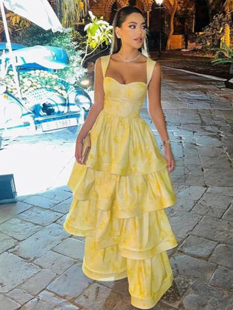 Alivia | Pastel Yellow Ruffle Tiered A - Line Long Party Prom Dress - KissProm