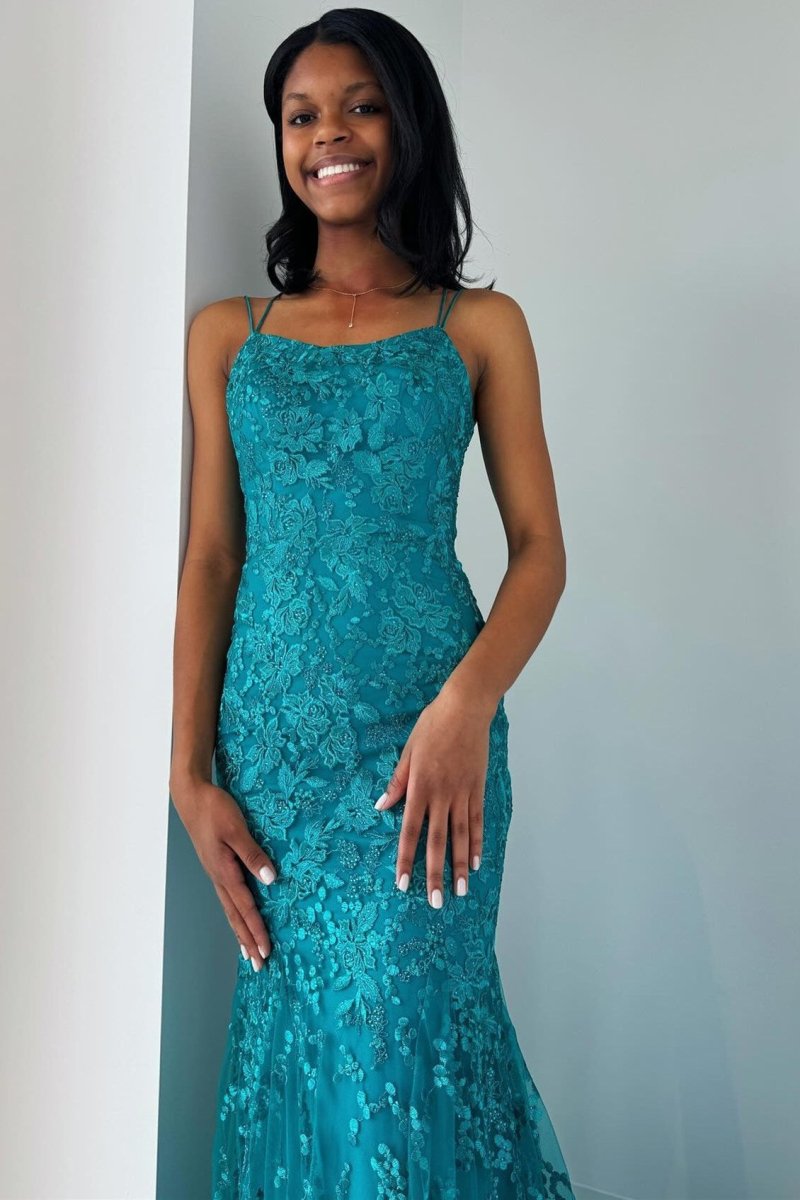 Elma | Turquoise Appliques Lace - Up Trumpet Long Prom Dress - KissProm