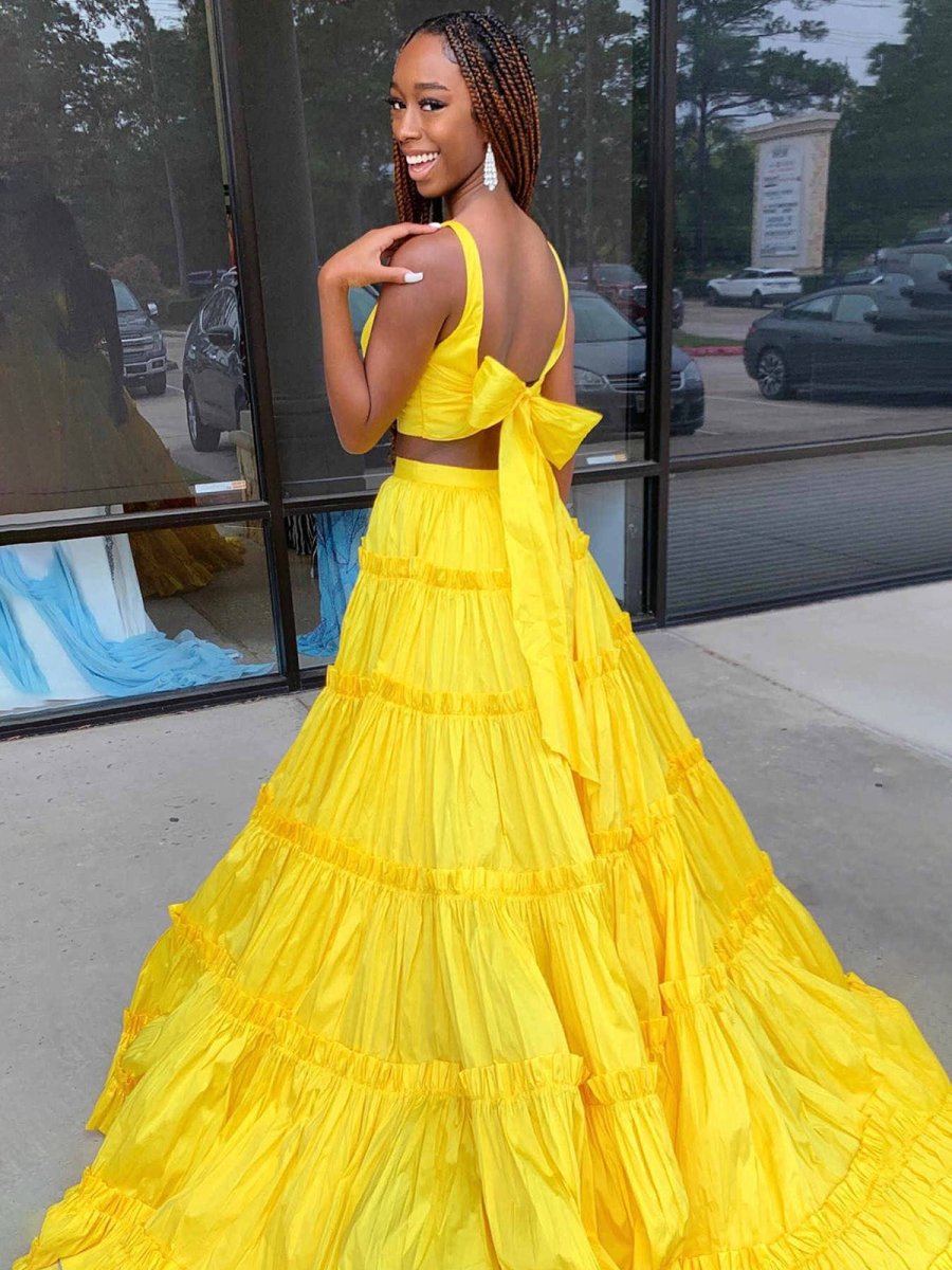 Aloe | A - Line Yellow V - Neck Ruffle Taffeta Two Piece Prom Dress - KissProm