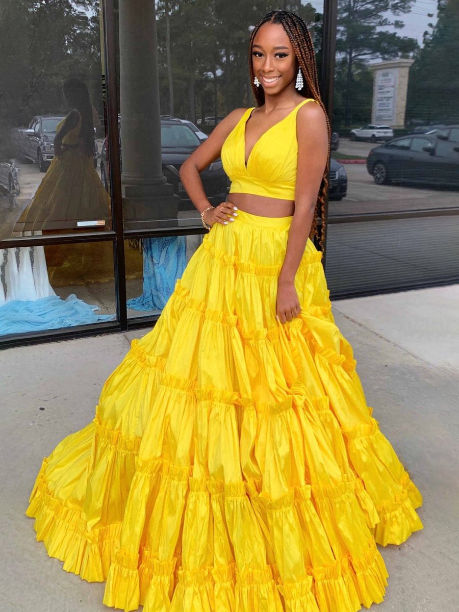 Aloe | A - Line Yellow V - Neck Ruffle Taffeta Two Piece Prom Dress - KissProm