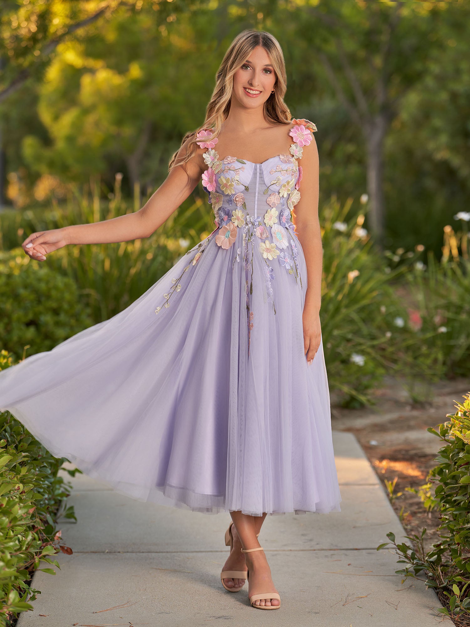 Amabel 3D Flower Tulle Ankle Length Prom Dresses | KissProm | KissProm