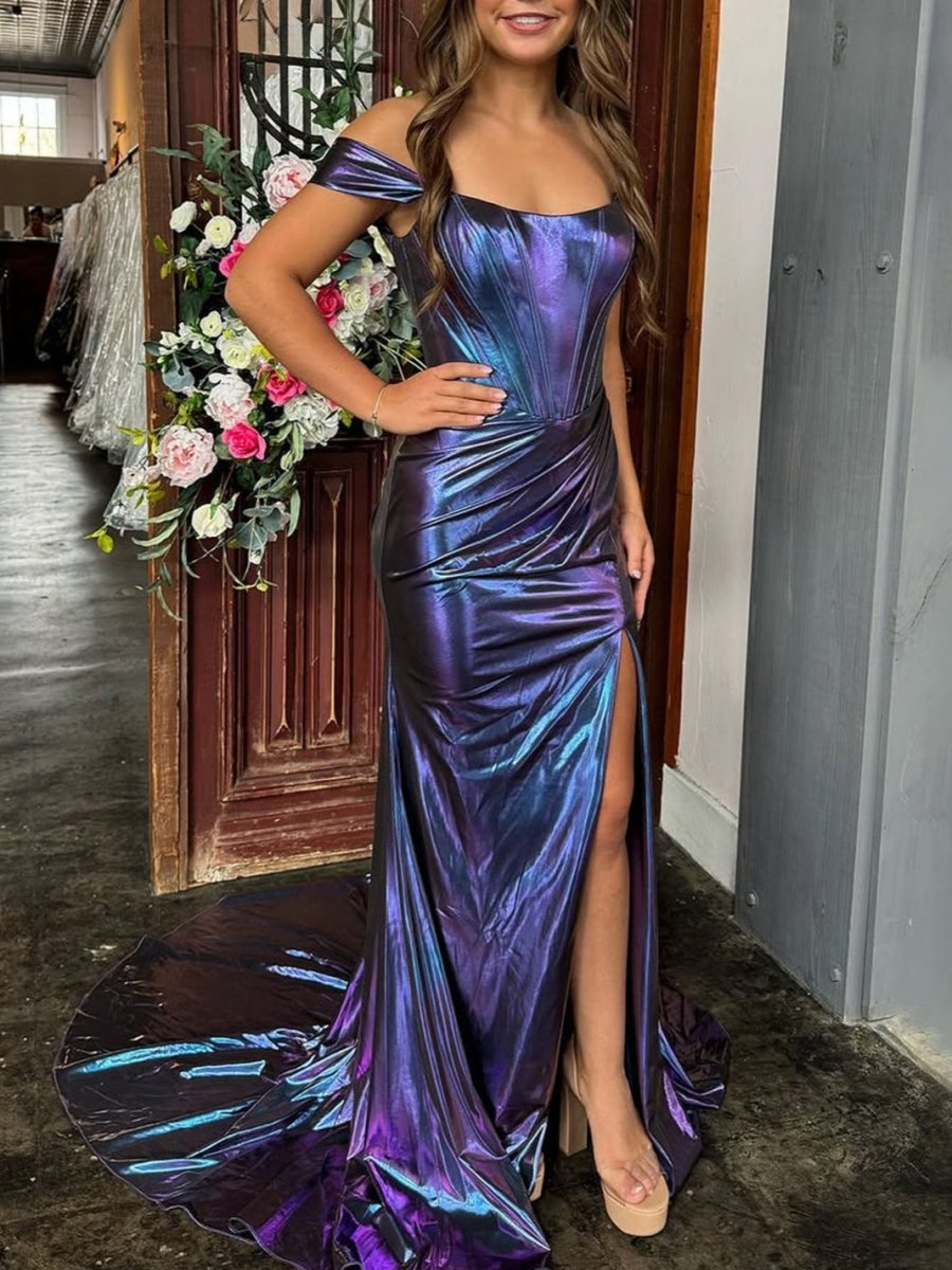 Amiyah | Mermaid Off the Shoulder Purple Metallic Long Prom Dress - KissProm