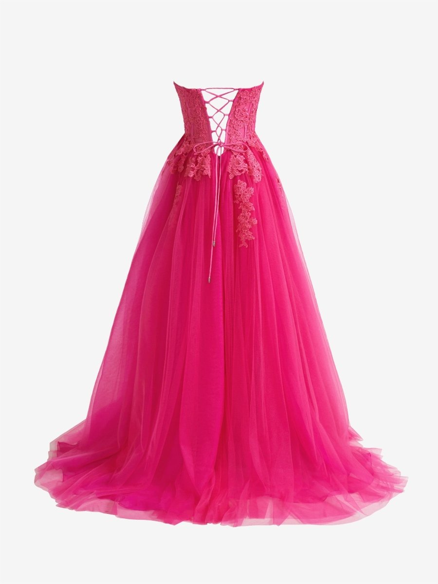 Amora | Hot Pink A - Line Tulle Lace Strapless Long Prom Dress - KissProm