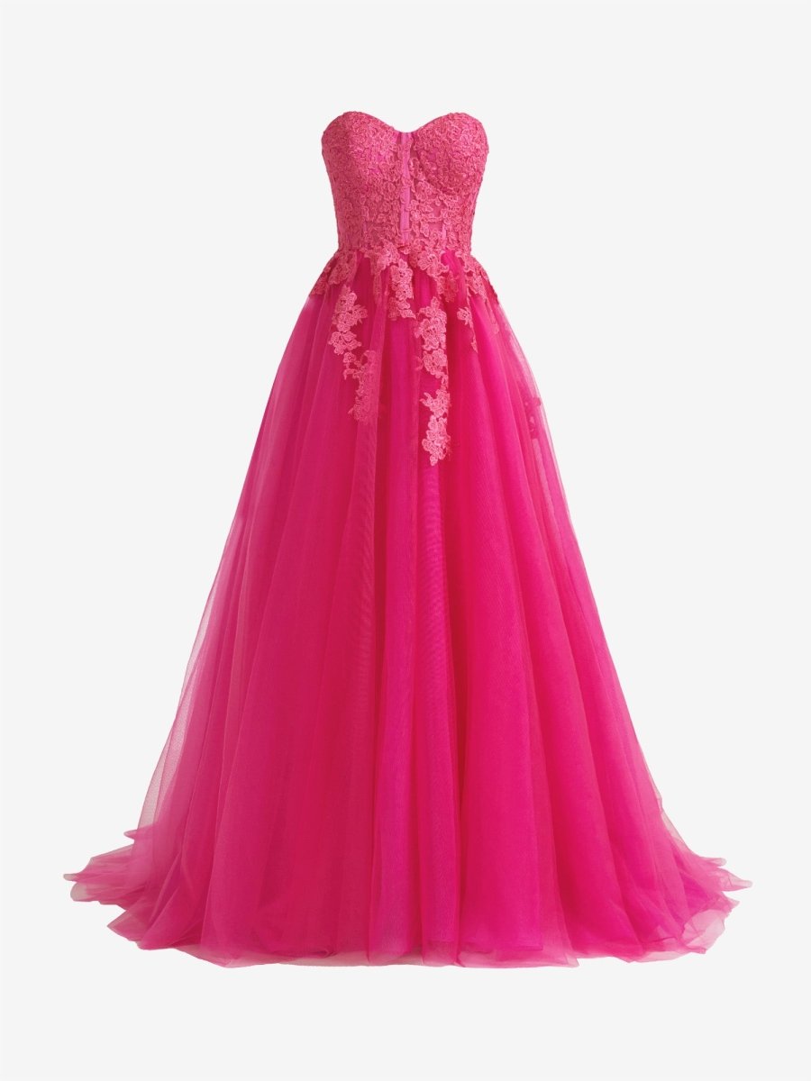 Amora | Hot Pink A - Line Tulle Lace Strapless Long Prom Dress - KissProm