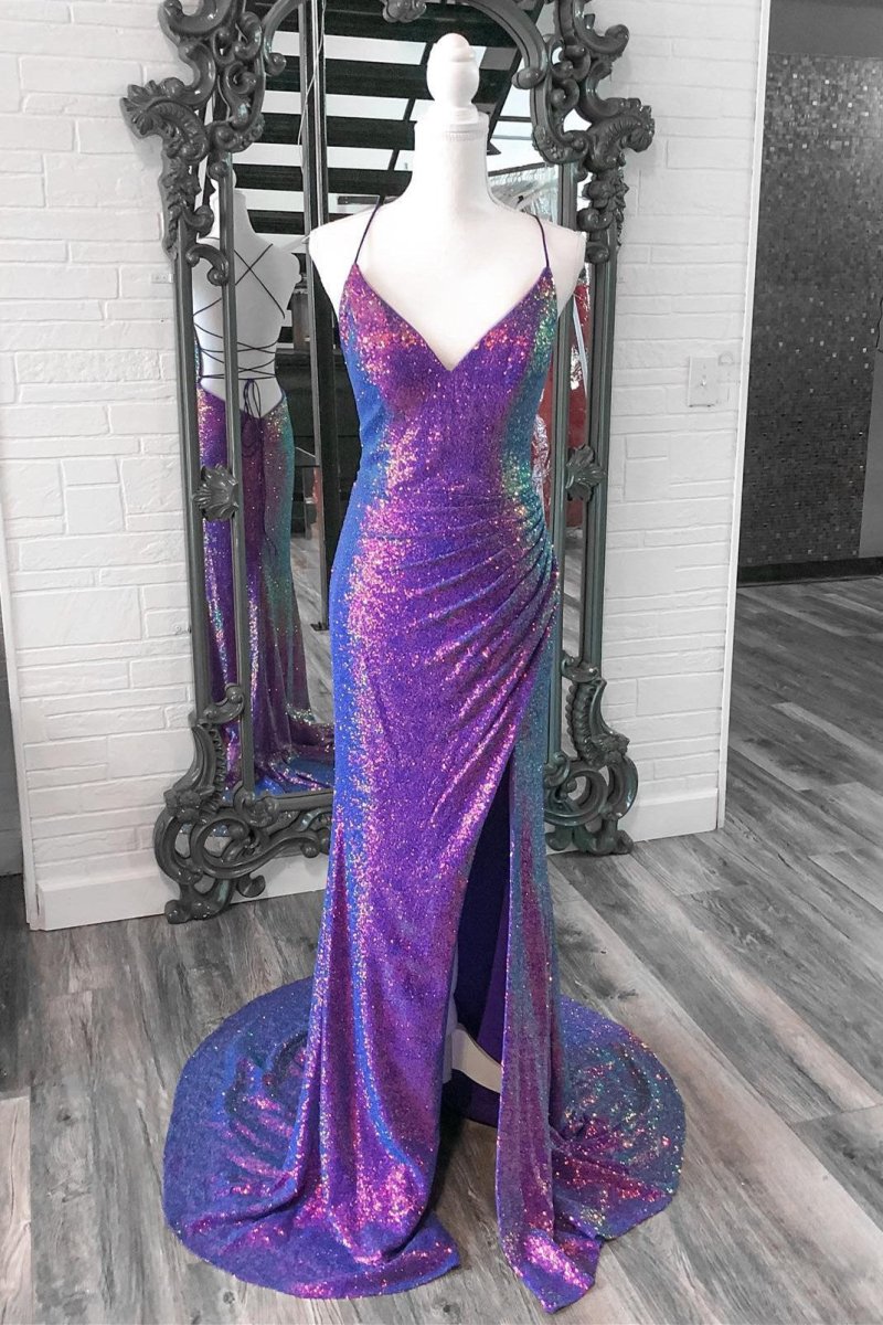 Anara | Purple Iridescent Sequins V Neck Lace - Up Mermaid Long Prom Dress with Slit - KissProm