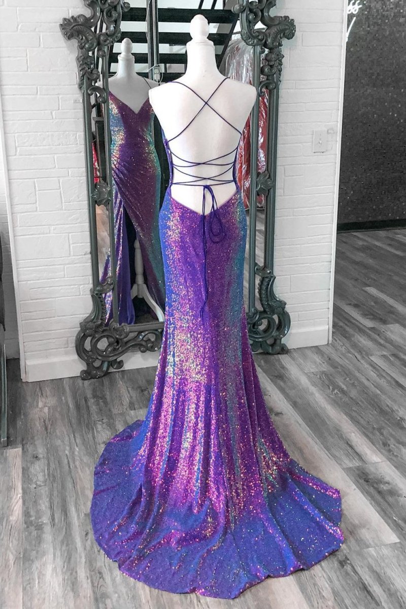 Anara | Purple Iridescent Sequins V Neck Lace - Up Mermaid Long Prom Dress with Slit - KissProm