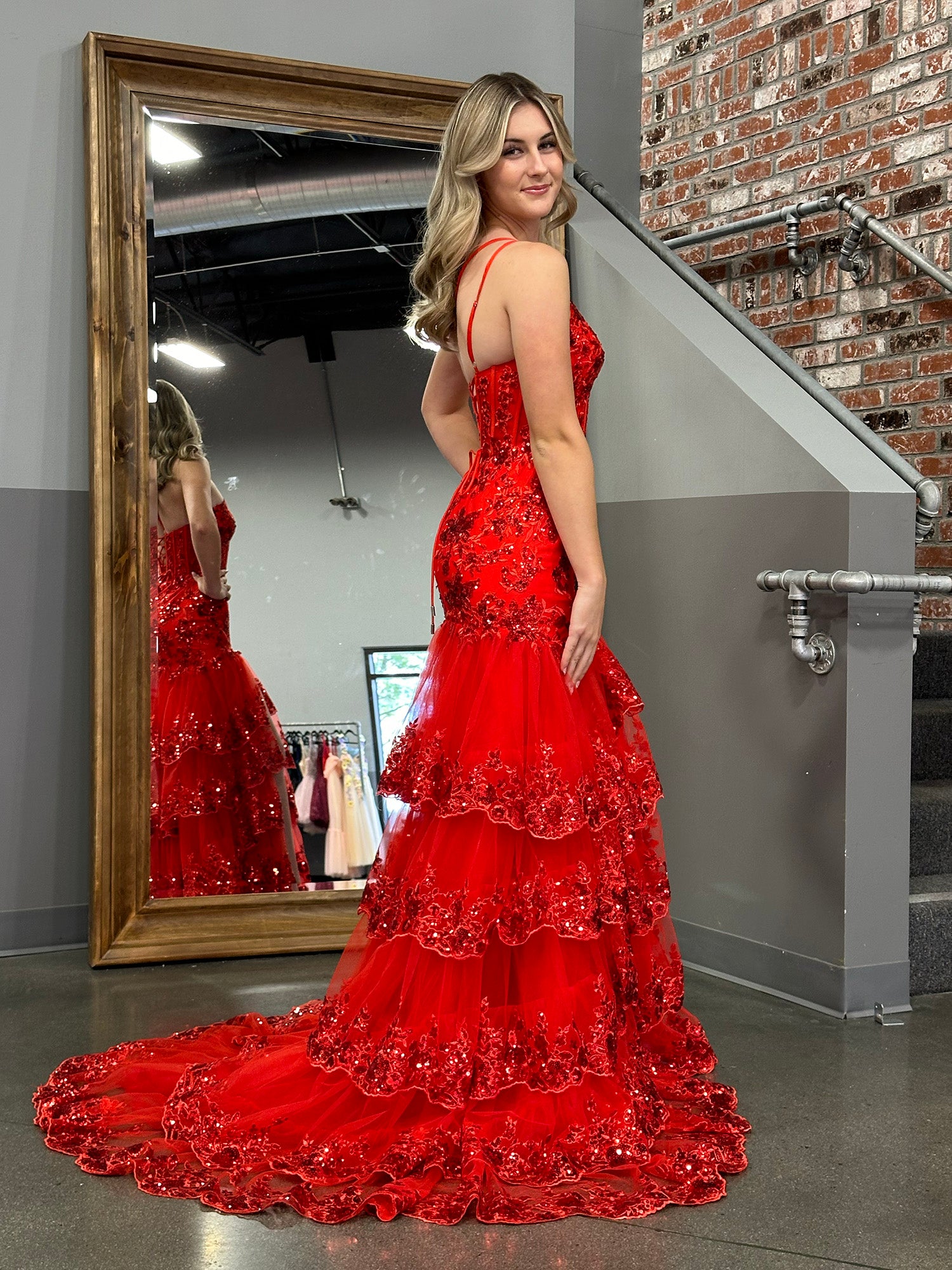 Red Lace One Shoulder Prom Dress