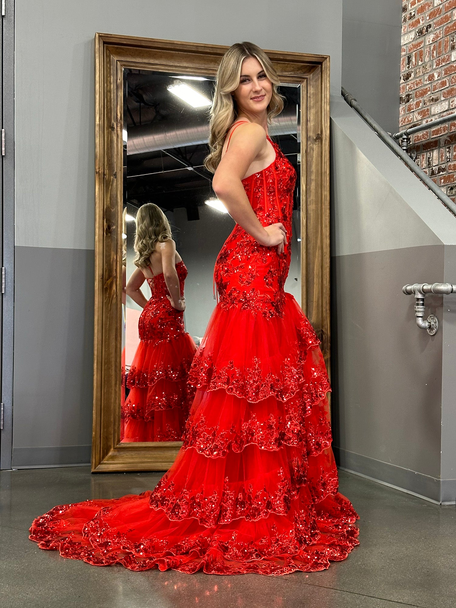 Red Lace One Shoulder Prom Dress