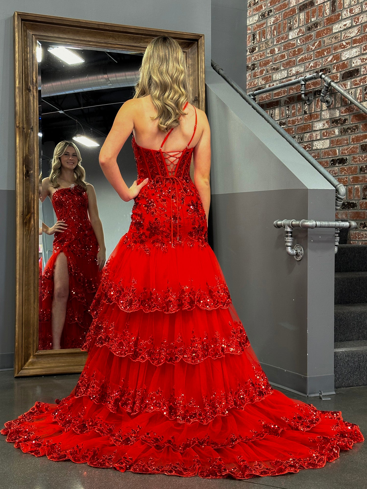 Red lace best sale one shoulder dress