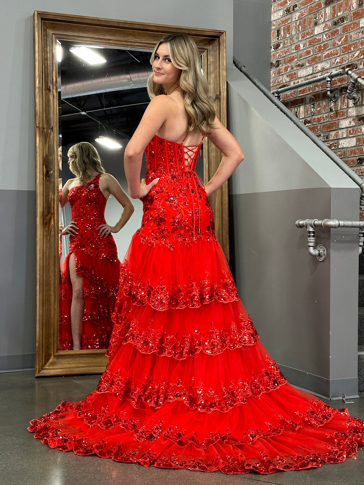 Red Lace One Shoulder Prom Dress