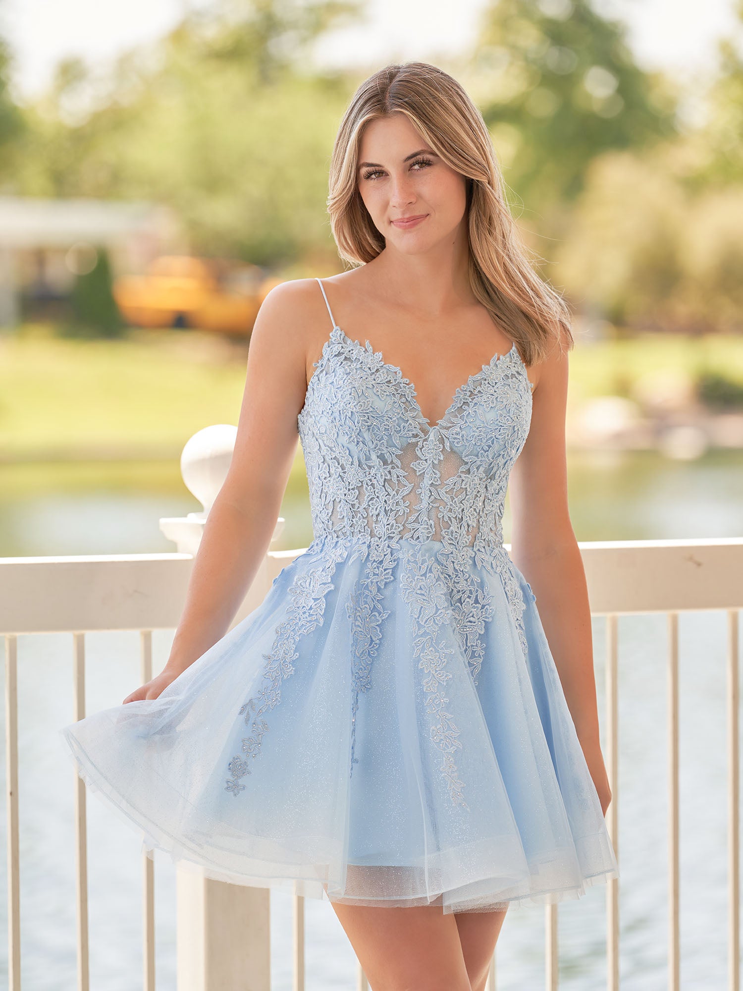 Anisia | A-Line Spaghetti-Straps Sky Blue Lace Homecoming Dress With Appliques