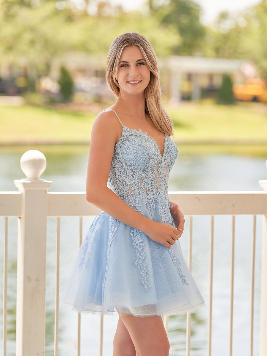 Anisia | A - Line Spaghetti - Straps Sky Blue Lace Homecoming Dress With Appliques - KissProm