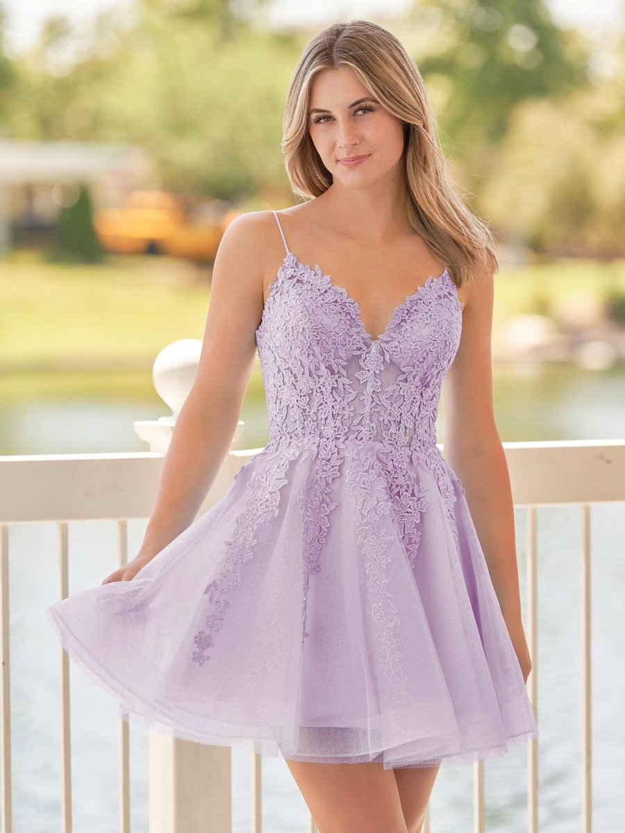 Anisia | A - Line Spaghetti - Straps Sky Blue Lace Homecoming Dress With Appliques - KissProm