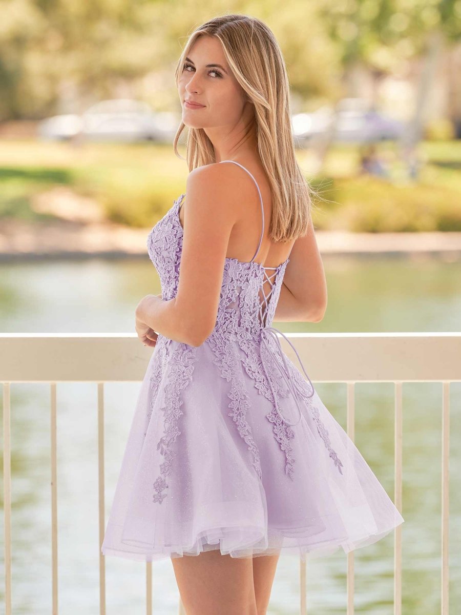 Anisia | A - Line Spaghetti - Straps Sky Blue Lace Homecoming Dress With Appliques - KissProm