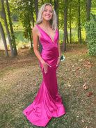 Anwea | Plunge Blue Satin Ruched Mermaid Prom Dress - KissProm