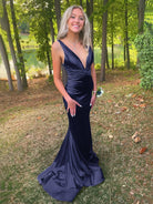 Anwea | Plunge Blue Satin Ruched Mermaid Prom Dress - KissProm