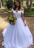 Off - the - shoulder Lace Appliques A - Line White Tulle Bridal Wedding Gown - KissProm