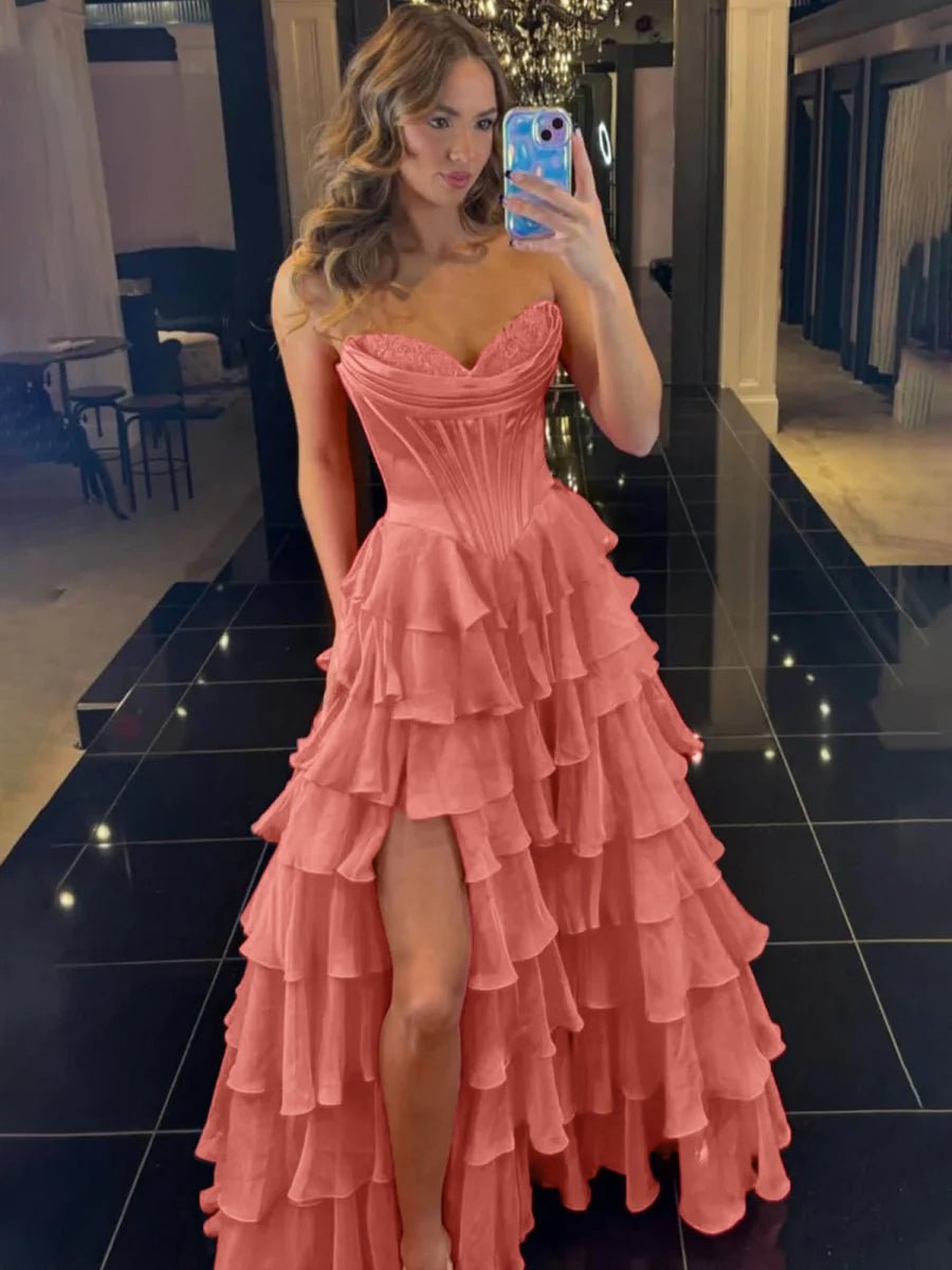 Ardea | Strapless A - Line Ruffle Long Prom Dress With Split - KissProm