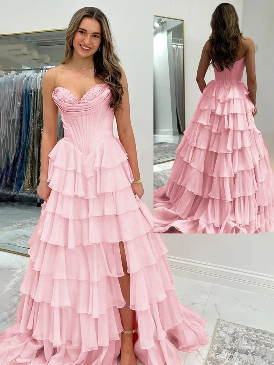 Ardea | Strapless A - Line Ruffle Long Prom Dress With Split - KissProm