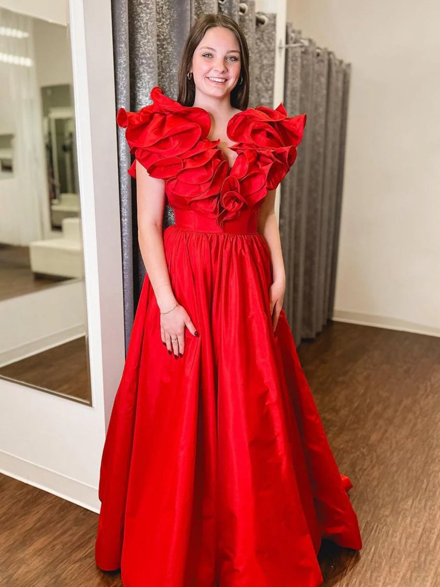 Arden | Red Ruffle V Neck Satin A - Line Long Prom Dresses - KissProm