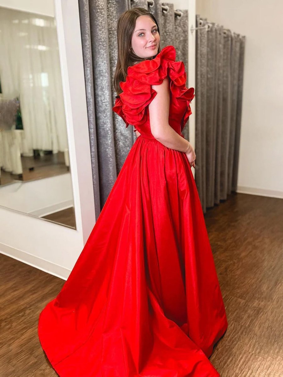 Arden | Red Ruffle V Neck Satin A - Line Long Prom Dresses - KissProm