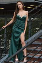 Ariane | Dark Green V Neck Beaded Satin Mermaid Prom Dress With Split - KissProm