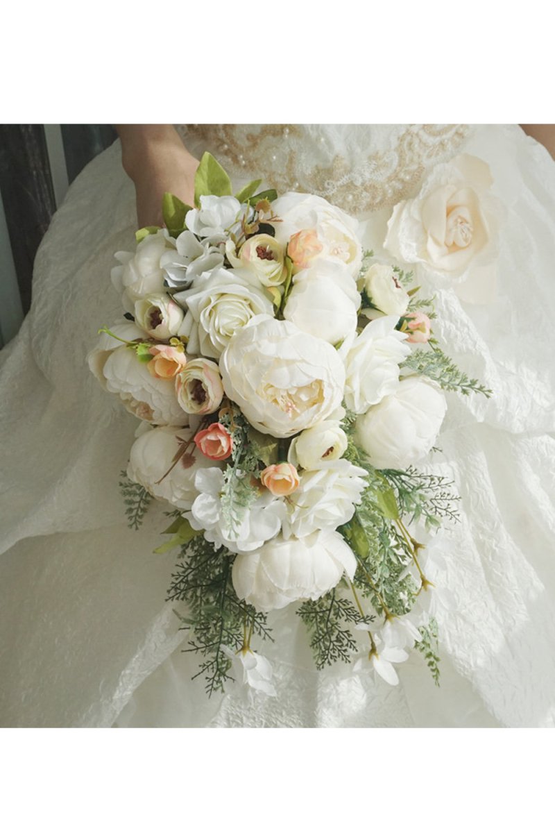 Artificial Peony Rose Cascade Wedding Flower Bouquets - KissProm