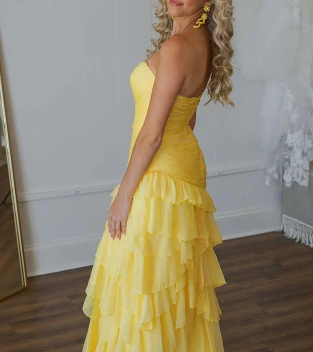 Aurora | Ruched Ruffle Fitted Yellow Long Prom Dress with Slit - KissProm