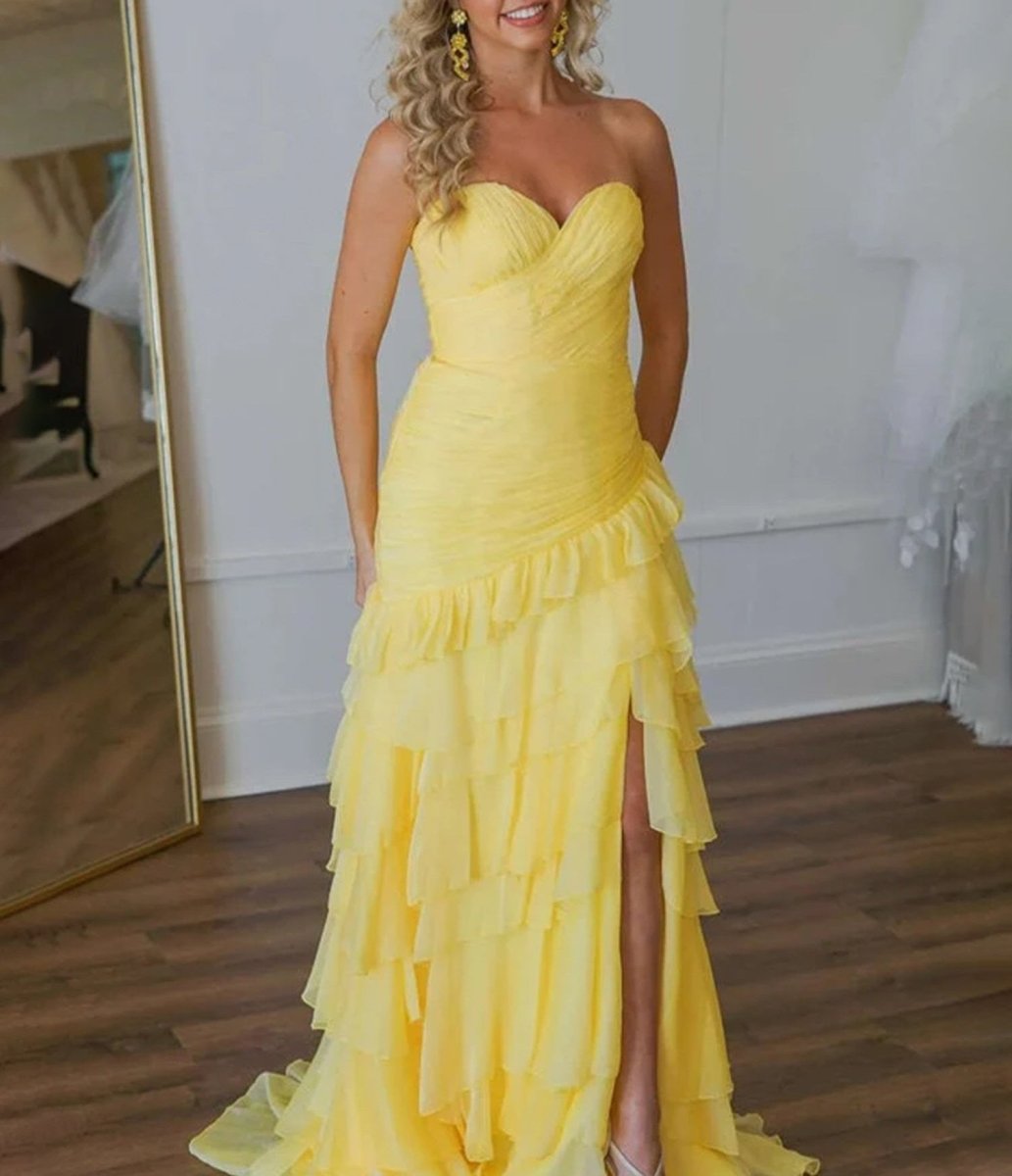 Aurora | Ruched Ruffle Fitted Yellow Long Prom Dress with Slit - KissProm