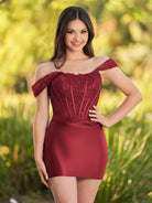 KissProm Sheath Off the Shoulder Corset Homecoming Dress | Autumn dress complements your curves while the satin fabric gives a luxurious touch to your attire, oozing opulence with every step.