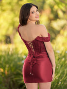 KissProm Sheath Off the Shoulder Corset Homecoming Dress | Autumn dress complements your curves while the satin fabric gives a luxurious touch to your attire, oozing opulence with every step.