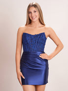 KissProm Sheath Strapless Corset Homecoming Dress | This sheath dress is crafted from luxurious satin fabric in a striking color that radiates sophistication.