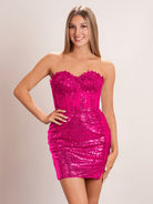 KissProm Sheath Sweetheart Lace Embroidered Strapless Short Cocktail Dress | The sweetheart neckline adds a touch of romance, while the lace-up back ensures a secure and adjustable fit.