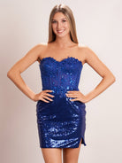 KissProm Sheath Sweetheart Lace Embroidered Strapless Short Cocktail Dress | The sweetheart neckline adds a touch of romance, while the lace-up back ensures a secure and adjustable fit.