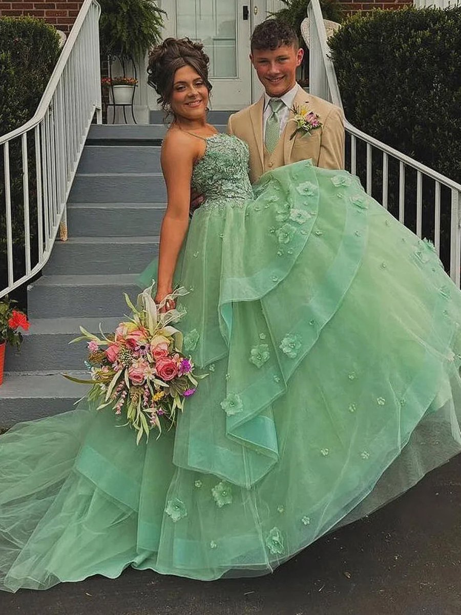 Azurena | Ball Gown Sweetheart Sage Green Tulle Long Prom Dresses with Appliques - KissProm