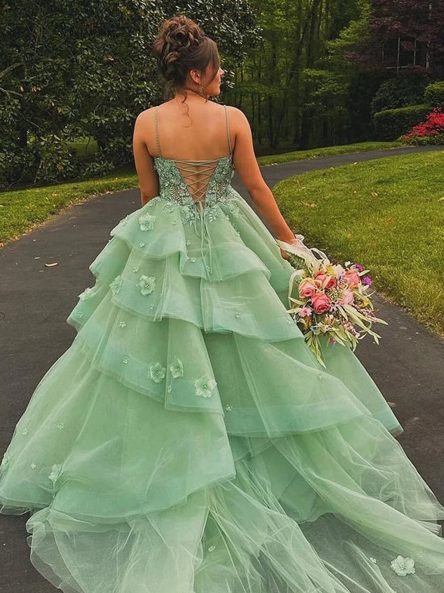 Azurena | Ball Gown Sweetheart Sage Green Tulle Long Prom Dresses with Appliques - KissProm