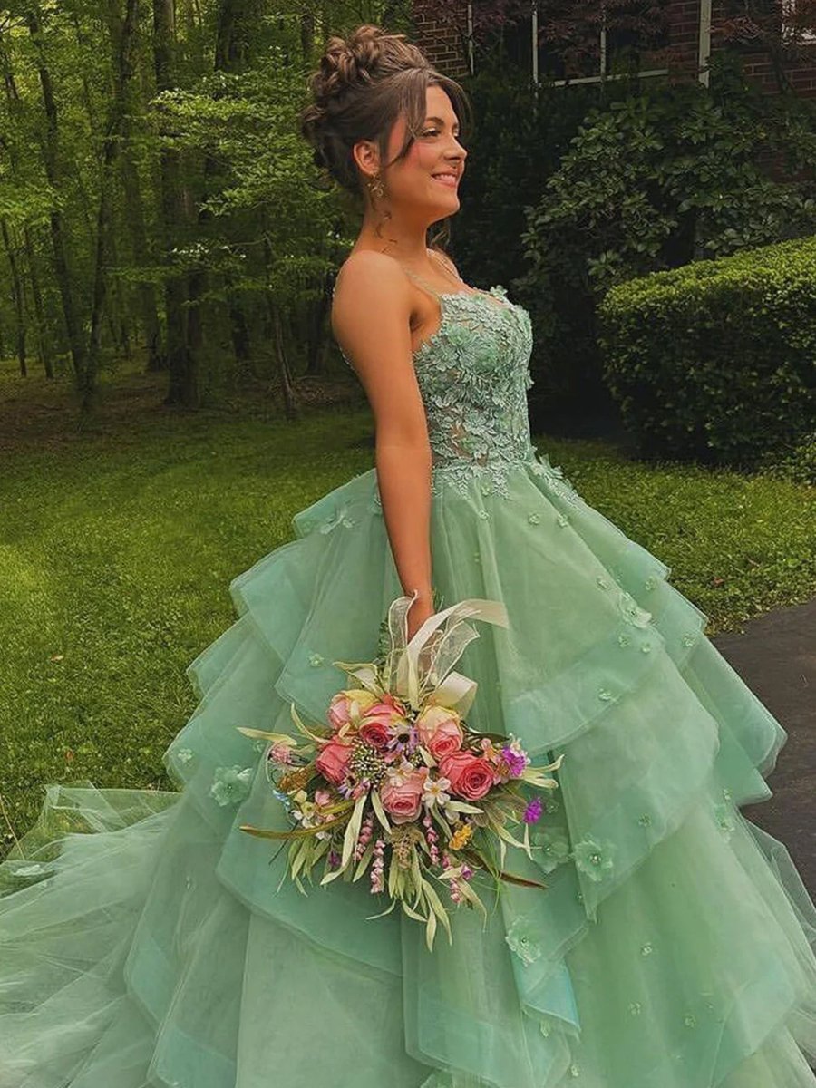 Azurena | Ball Gown Sweetheart Sage Green Tulle Long Prom Dresses with Appliques - KissProm