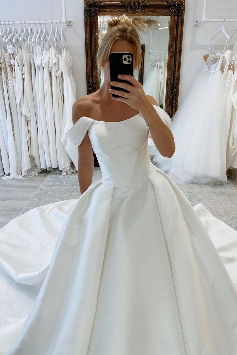 Elly | Elegant A - Line Off the Shoulder White Satin Wedding Dresses - KissProm