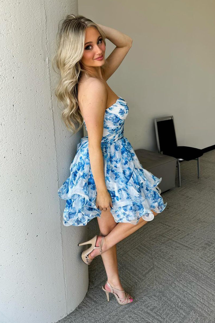 Blue Print Sweetheart Ruffle Homecoming Dress