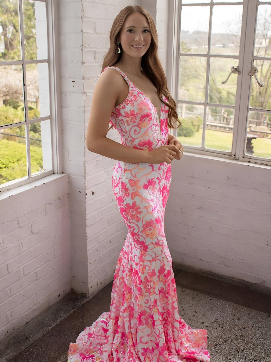 Bailey | Pink V Neck Sequin Lace Mermaid Prom Dress - KissProm