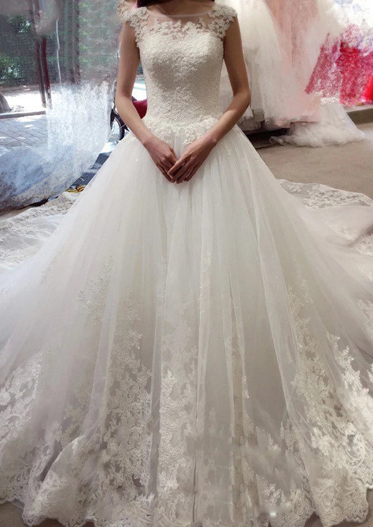 Ball Gown Cap Sleeve Bateau Applique Court Train Lace Tulle Wedding Dresses - KissProm