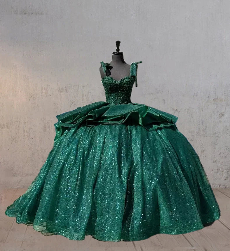 Ball - Gown Lace Emerald Green Glitters Quinceanera Dresses - KissProm