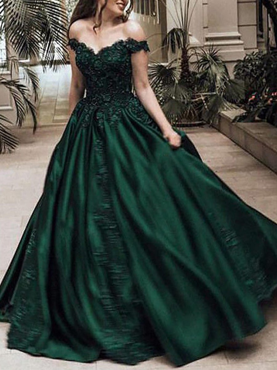 Louise | Ball Gown Off-the-Shoulder Sleeveless Sweep Train Satin Prom Dress With Appliqued Beading