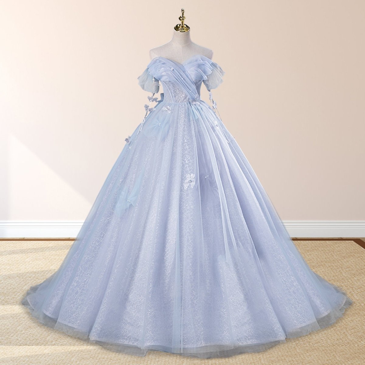 Ball - Gown Tulle Sweetheart Floor - Length Pearls Butterflies Quinceanera Dress with Appliqued - KissProm