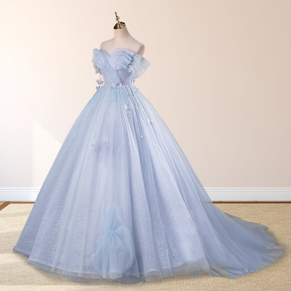 Ball - Gown Tulle Sweetheart Floor - Length Pearls Butterflies Quinceanera Dress with Appliqued - KissProm