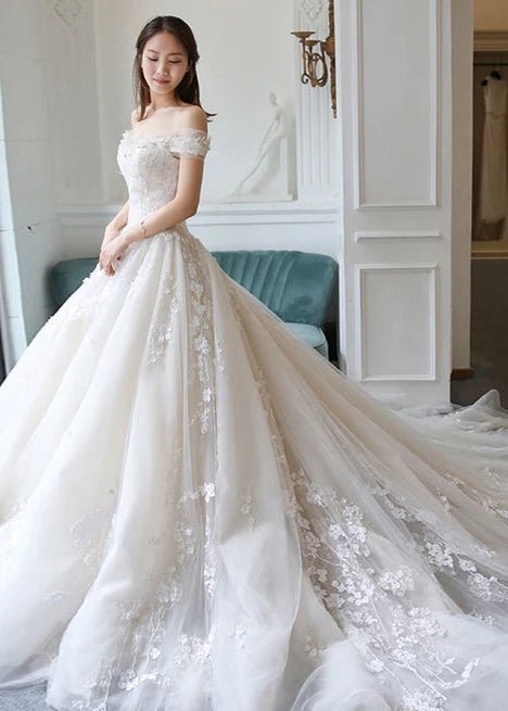 Gorgeous Off the Shoulder Lace Wedding Dresses Tulle Vintage Bridal Gown - KissProm