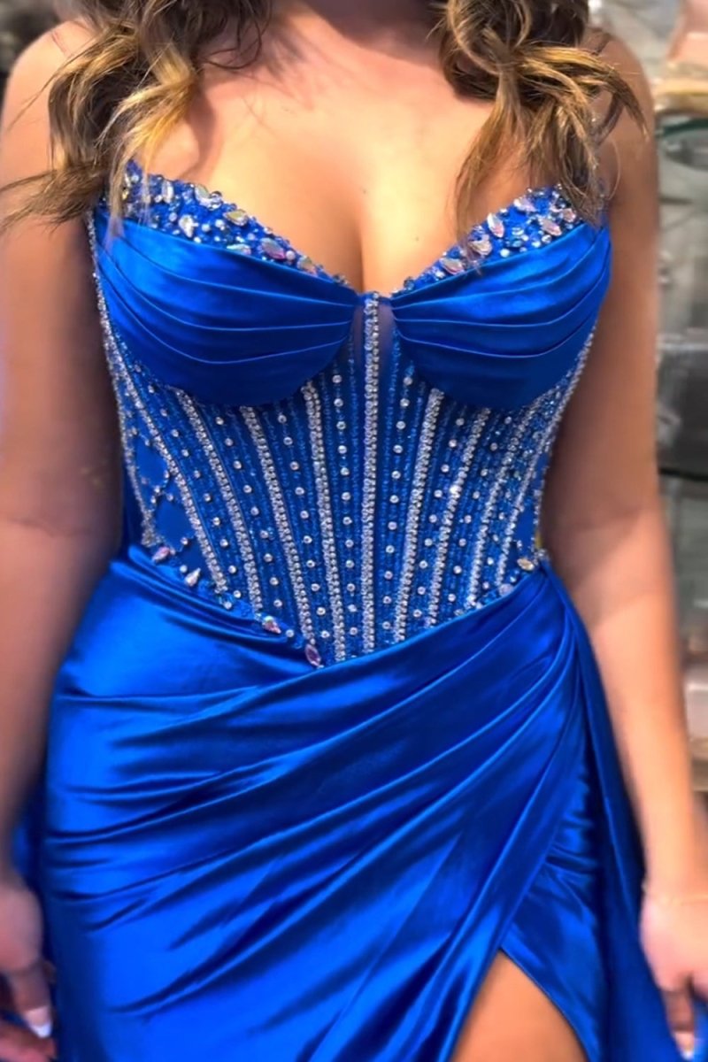 Barbie | Glitter Royal Blue Satin Mermaid Spaghetti Straps Long Corset Prom Dress with Beading - KissProm