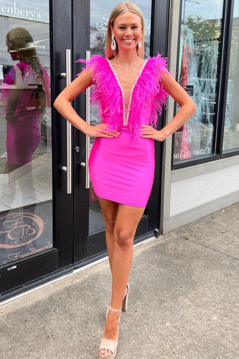 Barbie Pink Plunge V Fitted Short Dress with Feathers - KissProm