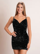 KissProm Sheath Black Sequined V-Neck Short Homecoming Dress | This striking dress features a sleek sheath silhouette and is made from shimmering sequins that catch the light beautifully. The deep V-neckline adds a touch of sophistication.