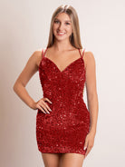 KissProm Sheath Burgundy Sequined V-Neck Short Homecoming Dress | This striking dress features a sleek sheath silhouette and is made from shimmering sequins that catch the light beautifully. The deep V-neckline adds a touch of sophistication.